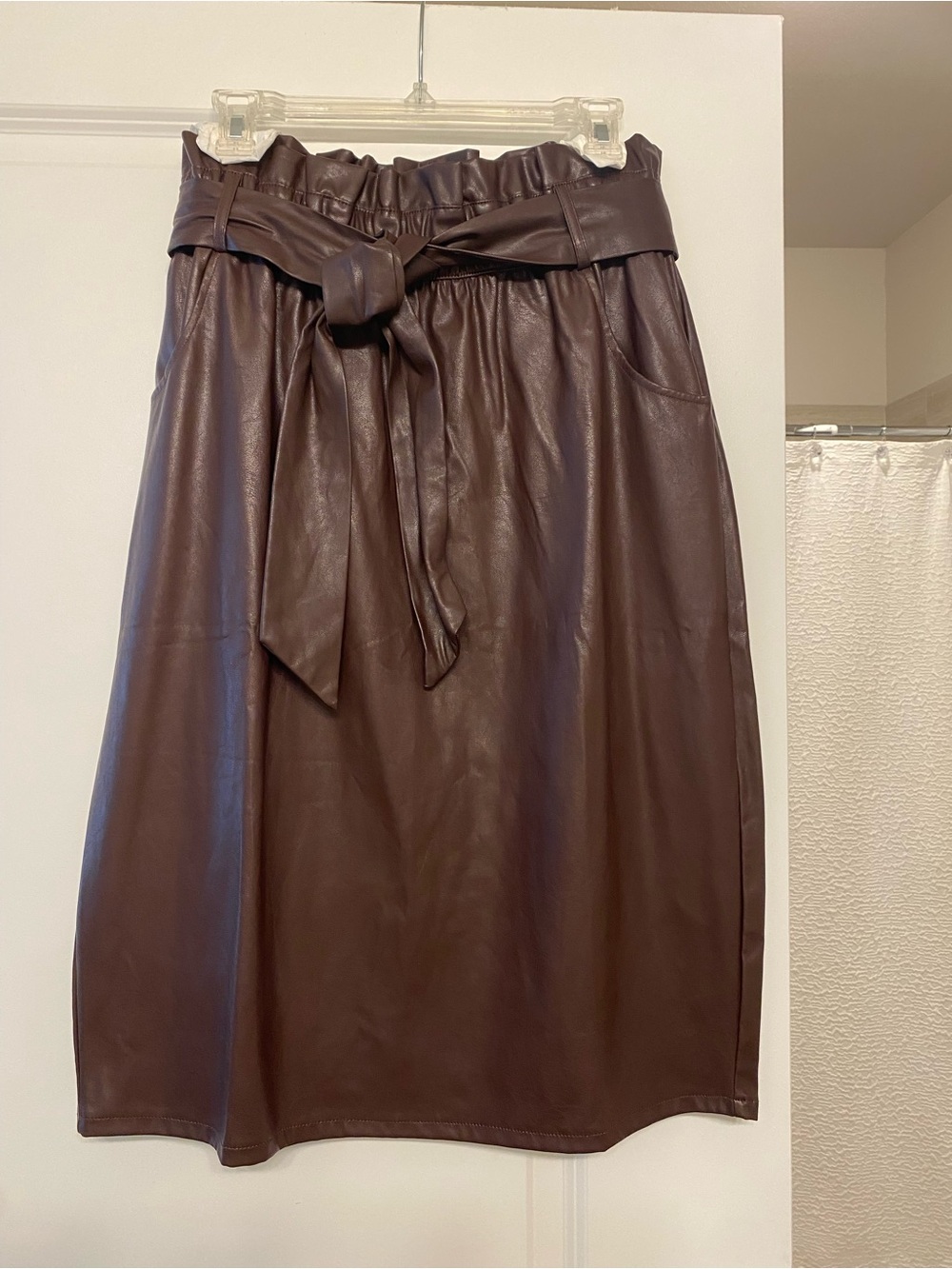 Time and Tru Brown Faux Leather Paperbag Midi Skirt with Tie